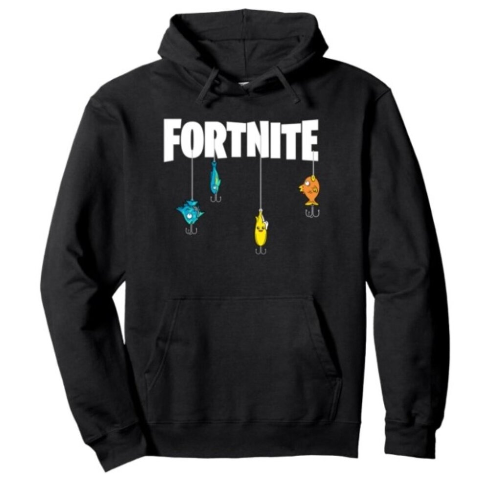 New Medium Fortnite Lures Logo Black Pullover Hoodie